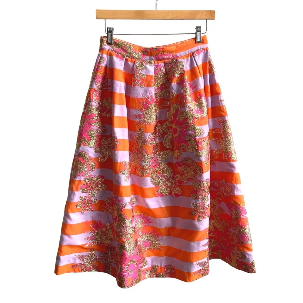 Lilly Pulitzer Lauderdale Midi Skirt Papaya 00 Orange Pink Gold Floral Metallic